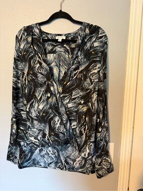 Nordstrom Black Abstract Brushstroke Wrap Blouse with White & Gold Accents